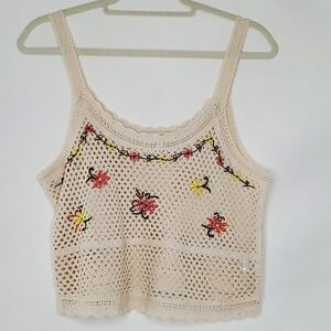 Crochet Embroidered Crop Tank Top Size L Scoop Neck Boho Festival Open Weave Y2K